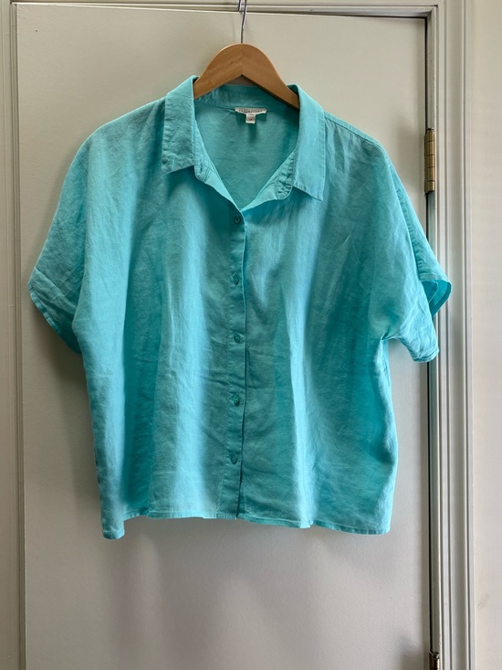 Eileen Fisher Tops - Eileen Fisher Aqua Short Sleeve Button Front Shirt
